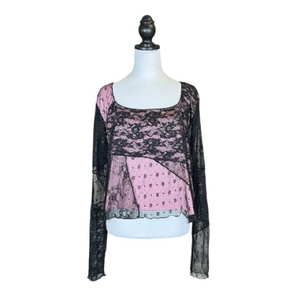Dolls Kill dELiA*s NWT Pink & Black Floral Lace Patchwork Long Sleeve Top 3X - Picture 2 of 8